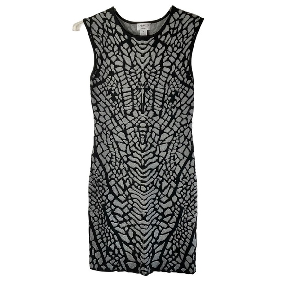 Carmen Mark Valvo Black Grey Knit Midi Dress M Print Bodycon - Picture 1 of 10